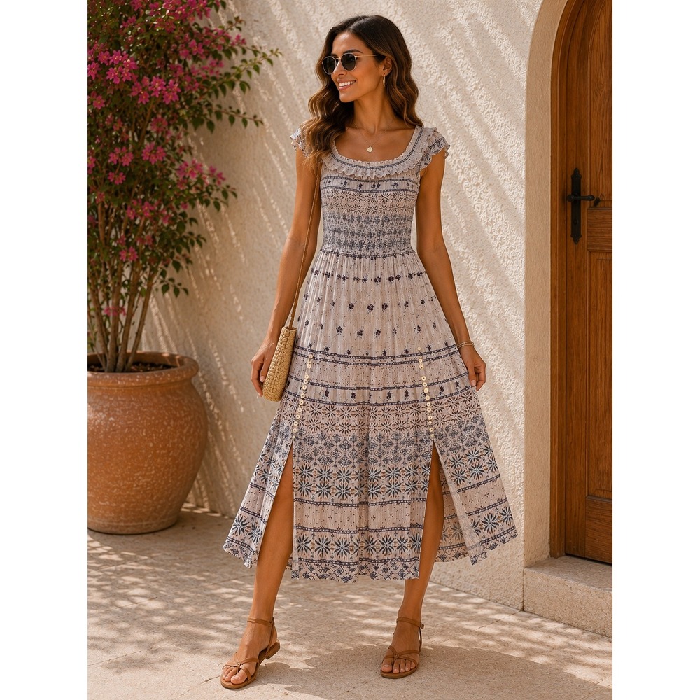 Kimchi Blue Cottagecore Pink Smocked Boho Floral Peasant Midi Dress S OB480474‎